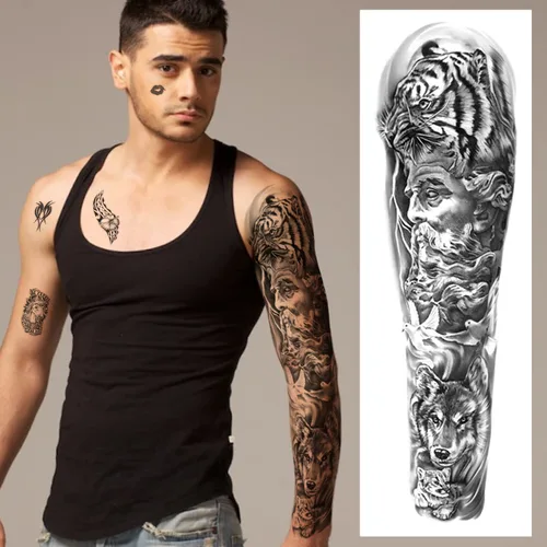 Vista 5 de Tatuajes temporales de manga completa para hombres y mujeres, 46 hojas de tatuajes falsos para adultos, león realista, lobo, águila, ciervo, flor