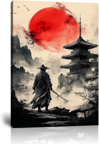 Vista 24 de Arte de pared de samurái japonés para sala de estar y dormitorio, impresiones en lienzo japonesas, póster samurái, arte enmarcado listo para colgar