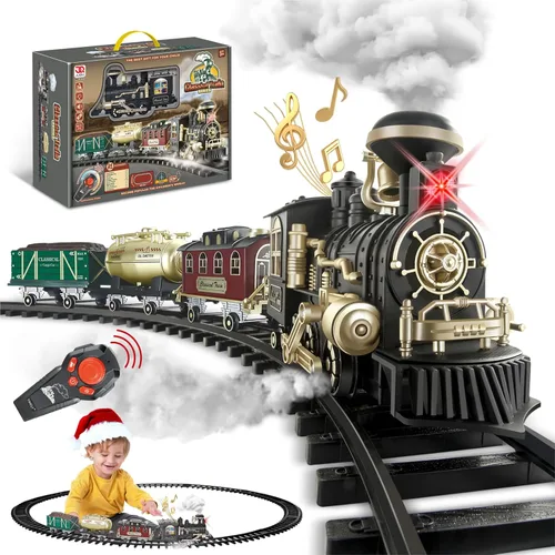 Vista 8 de JQ JUQU Juego de tren eléctrico de control remoto con vapor real, luces y sonido, tren de juguete para niños de 3 a 8 años con pistas completas