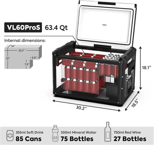 Vista 3 de ICECO [Actualización] Refrigerador portátil VL 60 PRO, tapa multidireccional, 12/24 V, CA 110-240 V, refrigerador de automóvil alimentado por