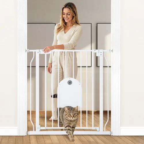 Vista 10 de COMOMY Puerta para mascotas de 29.5-33.4 pulgadas con puerta ajustable para gatos, puerta de metal extra ancha para puertas de escaleras, puerta
