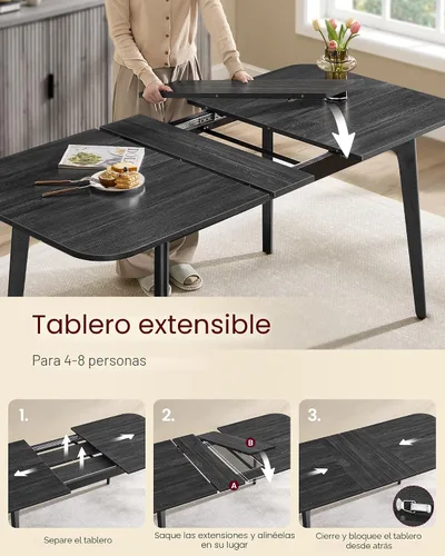 Vista 5 de VASAGLE Colección MAEZO - Mesa de comedor extensible para 4/6/8, mesa de cocina con patas cónicas, transiciones curvas, para comedor, cocina