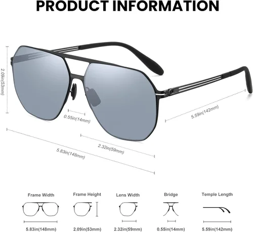 Vista 8 de Lentes de sol modernos de aviador para hombres y mujeres, lentes polarizados ultraligeros con marco de metal, lente de espejo plateado, protección