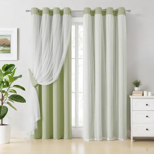 Vista 16 de Bujasso Cortinas 80% Opacas Beige con Superposición de Gasa Mezcla y Combinación Paneles de Ventana con Aislamiento Térmico de Doble Capa de 63