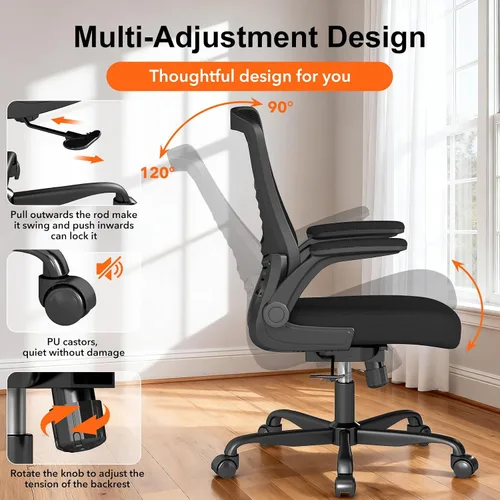 Vista 4 de Silla de oficina ergonómica, cómoda silla de escritorio de malla con reposabrazos abatibles y ruedas de rodadura suave, silla de computadora