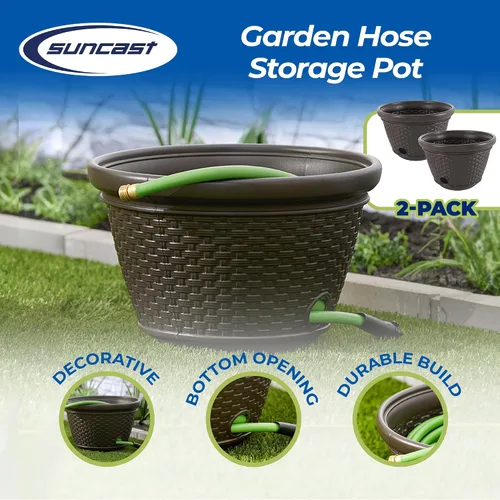 Vista 2 de Suncast Paquete de 2 macetas decorativas de mimbre para manguera de jardín con 4 agujeros de drenaje para mangueras de 100 pies, Java