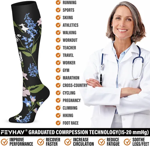 Vista 5 de FEYHAY Calcetines de compresión de cobre (5 pares) de 15-20 mmHg, la circulación es la mejor atlética y diaria para hombres y mujeres, correr