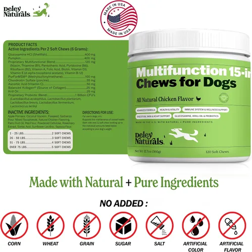 Vista 6 de Deley Naturals Multivitamínico 15 en 1 para perros, vitaminas y suplementos completos para perros para apoyo inmunológico, articulaciones, piel