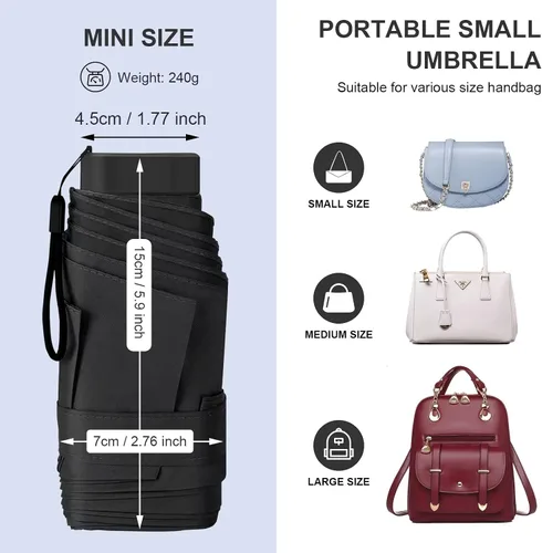 Vista 5 de LEAGERA Paraguas de viaje compacto con estuche, pequeño mini paraguas para bolso, diseño ligero y pequeño portátil, perfecto para sombrilla al aire
