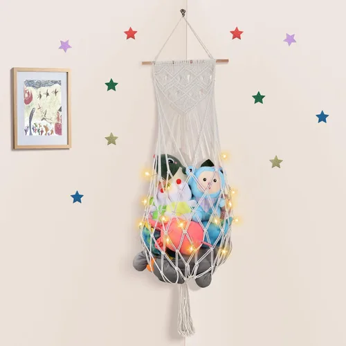 Vista 13 de Almacenamiento de Animales de Peluche de 68 Pulgadas, Hamaca Jumbo de Macramé para Animales de Peluche en Esquina, Hamaca Colgante de Pared y Techo