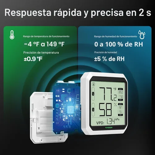 Vista 2 de VIVOSUN AeroLab THB1 Termómetro Higrómetro Inalámbrico Bluetooth para Interior, Monitor Inteligente de Temperatura, VPD, Medidor de Humedad Digital