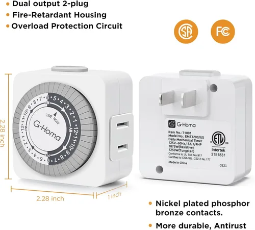 Vista 4 de G-Homa Temporizadores para Tomas Eléctricas, Temporizador Mecánico Enchufable para Interiores de 24 Horas, Intervalos de 30 Minutos, Ciclo Diario