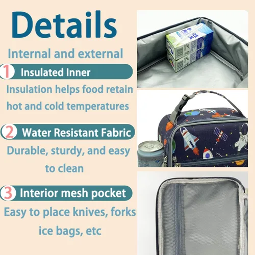 Vista 5 de Kulle - Lonchera para niños, bolsa de astronauta aislada para niños Leakproof Washable Liner,9"x3.5"x10", Front & Mesh Pockets,Reusable for