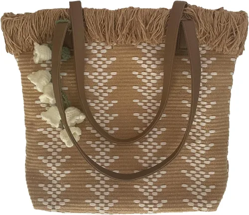 Vista 5 de Bolsa de paja para mujer, bolsas de playa hechas a mano, bolso de hombro suave con Azipper, Caqui
