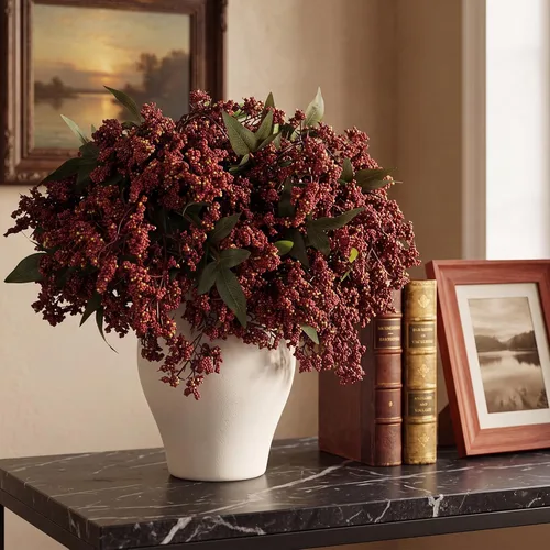 Vista 10 de Zeyune 9 piezas de tallo de bayas artificiales Nandina para jarrón de 15.7 pulgadas, ramas de plantas artificiales realistas con hojas de seda Marrón