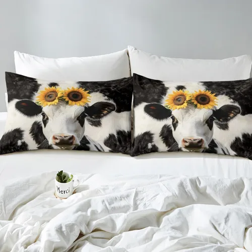 Vista 7 de Erosebridal Sábanas de cama con estampado de vaca, tamaño individual, juego de sábanas de girasol, juegos de sábanas y fundas de almohada con Multi