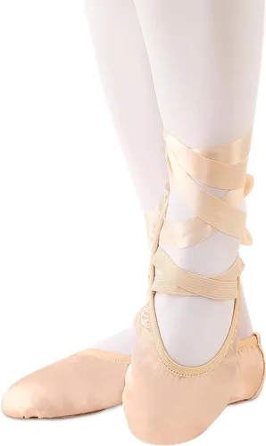 Vista 4 de Zapatos de ballet para niñas, zapatillas de ballet rosas con suela dividida de satén para mujer, zapatos de baile planos con cinta para yoga
