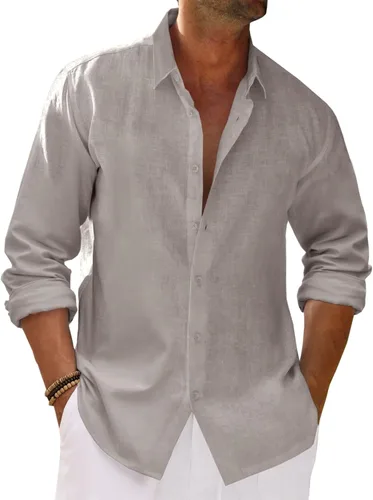 Vista 6 de Runcati Camisa de manga larga con botones para hombre, de algodón, lino, casual, con cuello, hippie, para la playa