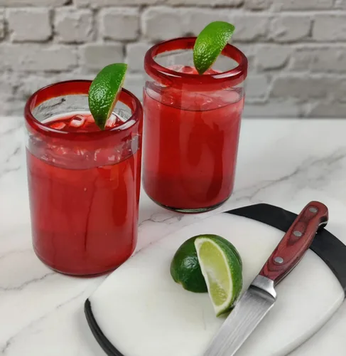 Vista 7 de Dos Sueños Vasos mexicanos soplados a mano, juego de 6 vasos con bordes rojos (14 onzas cada uno)