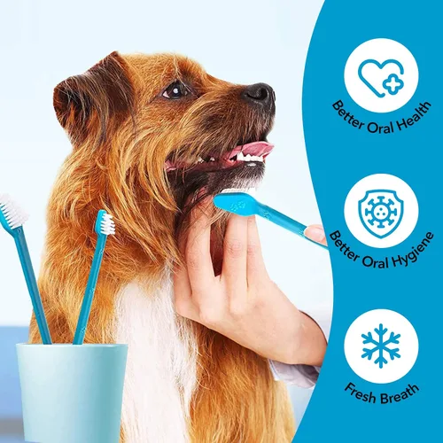 Vista 3 de Paquete de cepillos de dientes para perro, 2 cepillos de dientes de doble cabeza con mango largo + 1 kit de cepillo de dientes para perros