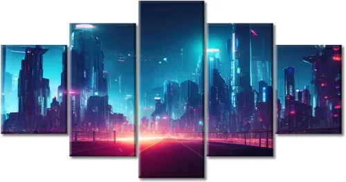 Vista 29 de Cuadros de 5 paneles de Cyberpunk City, arte de pared, representación de vallas publicitarias, edificios modernos en la capital con obras de arte