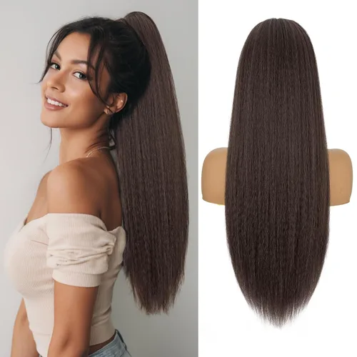 Vista 14 de Benehair Extensión de cola de caballo con cordón, 24 pulgadas de largo, pelo sintético lacio, extensiones de cabello de cola de caballo con clip