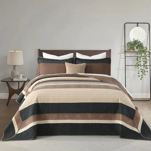 Vista 2 de Finlonte Colcha tamaño Queen, 100% algodón, cubrecamas de gran tamaño, tamaño Queen, color marrón carbón, beige, acolchado, a rayas, estilo granja