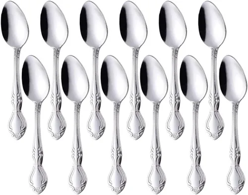 Vista 30 de Cucharas de sopa, cucharas redondas de acero inoxidable para caldo con borde de flor, juego de 12 piezas de acero inoxidable para café, azúcar