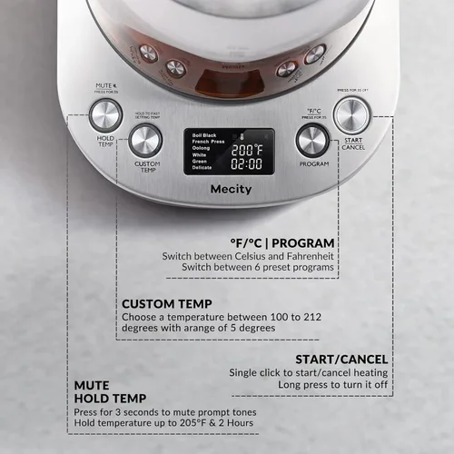 Vista 5 de Mecity Tetera eléctrica de vidrio de borosilicato con control de temperatura e infusor - Pantalla LCD y programas de preparación preestablecidos
