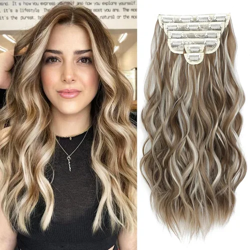 Vista 41 de Fliace Extensiones de cabello con clip para mujer, extensiones de cabello ondulado largo de color marrón medio, extensiones de cabello sintético