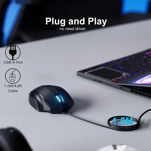 Vista 2 de Uineer Wired Mouse, USB-A Computer Mouse with 6 Buttons,Adjustable Negro
