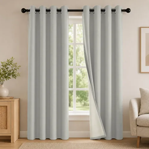Vista 99 de 2 paneles de cortinas 100% opacas, de peso medio, con aislamiento térmico y ojales para dormitorio, sala de estar, tratamiento de ventana