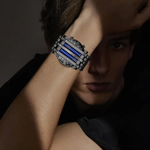 Vista 30 de Binary Matrix Blue led - Reloj Digital para hombre, moda clásica y creativa, color negro chapado