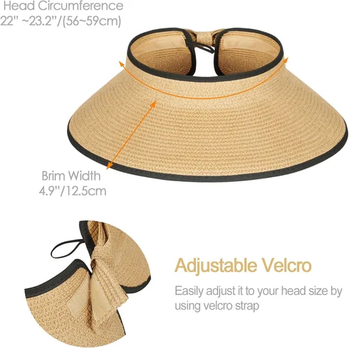 Vista 5 de KDWAVE Visera solar de paja para mujer, ala ancha, protección UV UPF 50+, ajustable, enrollable, plegable, plegable, plegable, sombrero de playa