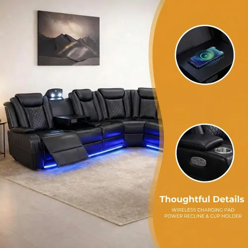 Vista 5 de FUOROLA Juego de sofá reclinable eléctrico con LED, sofá seccional reclinable de cuero transpirable para cine en casa con soporte para tazas Negro