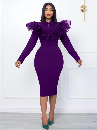 Vista 2 de ENOPINK Vestido de tubo de malla de manga larga con volantes para mujer