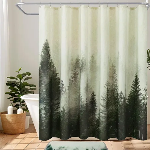 Vista 13 de ORTIGIA Cortina de ducha con diseño de bosque de montaña, tela de lino de mezcla pesada, árbol natural negro, cortina de baño de bosque brumoso, 60