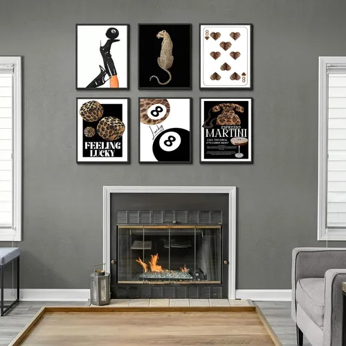 Vista 7 de 6 piezas de arte de pared de leopardo de moda Funky Lucky 8 pósteres de bolas negras para piscina, decoración de pared de guepardo, decoración