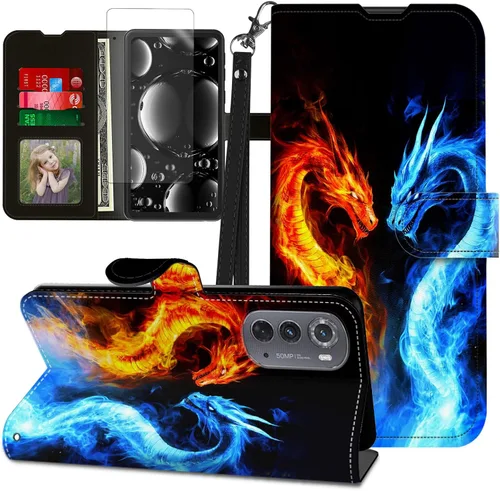 Vista 96 de Funda para Motorola Edge 2022 con protector de pantalla, soporte y tarjetero y correa para la muñeca, funda magnética para Moto Edge 2022 5G UW Lobo