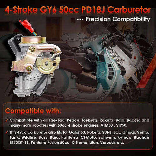 Vista 3 de Carburador GY6 50cc PD18J 18mm Compatible con 4 tiempos 49cc 50cc 80cc 139QMB 139QMA Motor de Ciclomotor para Scooter Taotao Kymco con Filtro