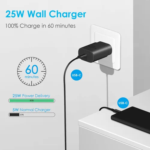 Vista 2 de Bloque de Carga Rápida USB-C de 25W con Cable C a C [Compatible con PD PPS] para Galaxy S24/S23/S22, Pixel 8/7, Z Flip 5, iPhone 17/16/15 - Cargador