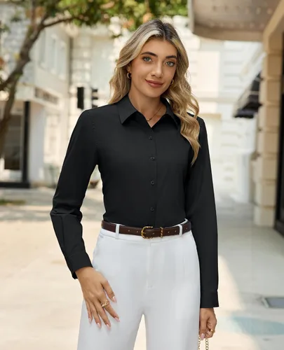 Vista 3 de siliteelon Camisas de vestir con botones para mujer, camisas de vestir de manga larga para mujer, camisas de trabajo de algodón de ajuste regular