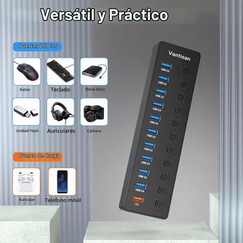 Vista 4 de Hub USB alimentado, divisor de concentrador USB 3.0 de 11 puertos, 10 puertos de transferencia de datos USB 3.0 + 1 puerto de carga inteligente