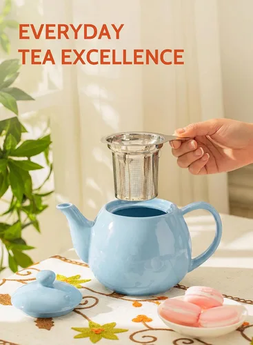 Vista 5 de Sweese Tetera de porcelana de 27 onzas con infusor para té de hojas sueltas, gris azulado