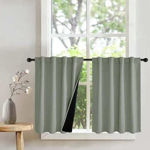 Vista 31 de PONY DANCE Cortinas opacas 100% cortas de 24 pulgadas de largo, medias cortinas con aislamiento térmico para ventanas pequeñas con parte trasera