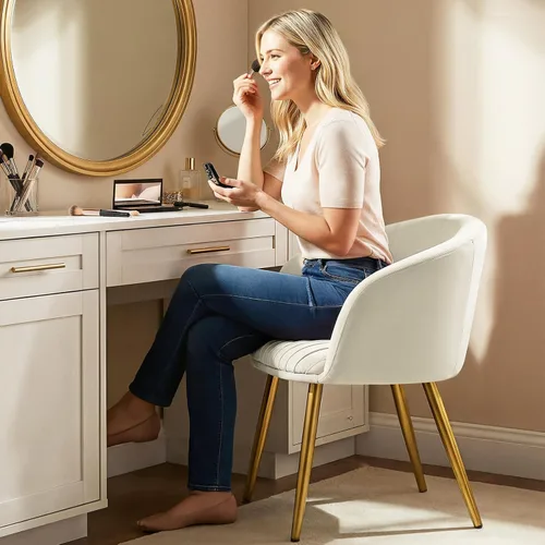Vista 3 de Boucle - Silla de tocador de maquillaje de terciopelo, moderna silla de escritorio para niñas, sin ruedas, con patas de metal dorado, sillón Beige