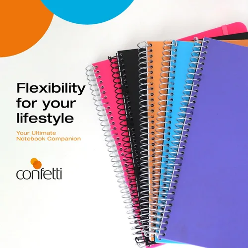 Vista 5 de Confetti Cuaderno de espiral – 4 separadores extraíbles, cubierta a prueba de derrames, banda elástica de cierre, bolsillo de almacenamiento – Bloc
