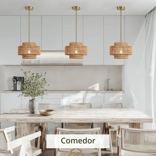 Vista 6 de 12.4” Candelabro de ratán boho, 1 luz, lámpara colgante tejida a mano, lámpara colgante rústica de estilo granja para isla de cocina, recámara