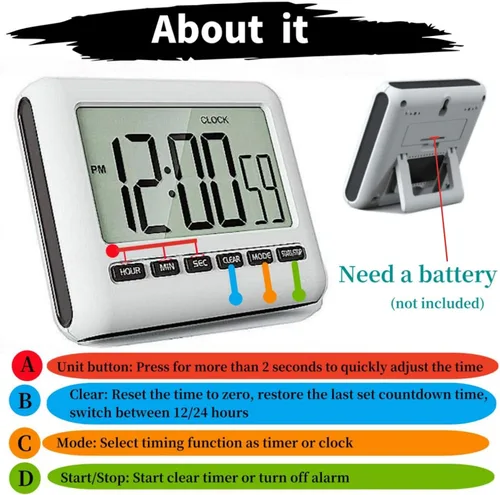 Vista 2 de Reloj digital magnético genérico para cocina - Temporizador con alarma, 12/24 horas, pantalla grande, alarma fuerte y imán potente - Cuenta hacia