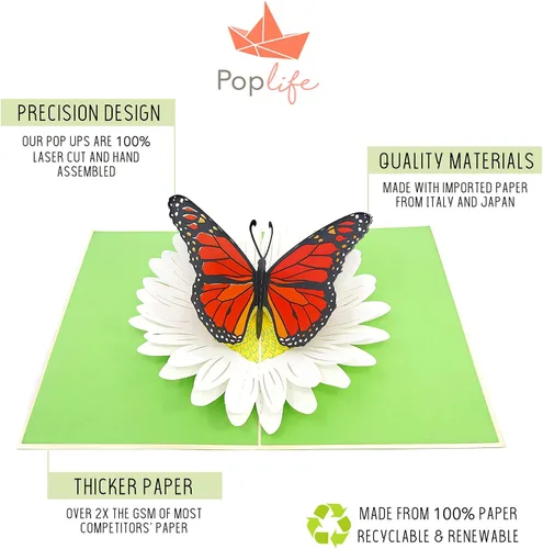 Vista 5 de PopLife - Mariposa monarca y margarita - Tarjeta pop-up 3D desplegable para Día de la Madre - San Valentín, aniversario, cumpleaños, agradecimiento